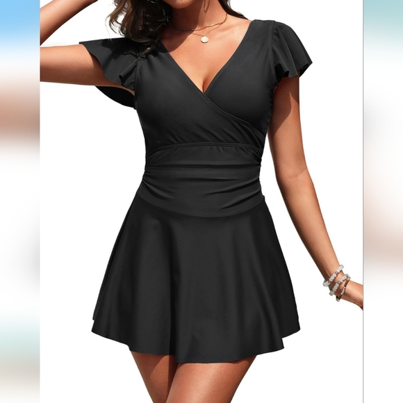 Aqua Eve Dresses & Skirts - AQUA EVE Elegant Black Ruffle Sleeve Swimdress